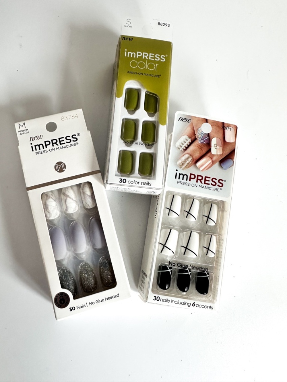 3 NEW Kiss Impress Nails Press-On Manicure Almond Square White Gray Green